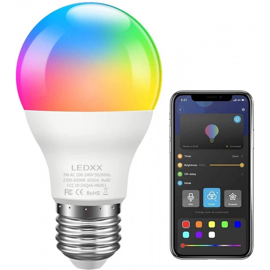 Smart LED Bulb A19 E27 7W Dimmable RGBWW Bulb with App Control via Bluetooth, Multi-Colour Light Bulb