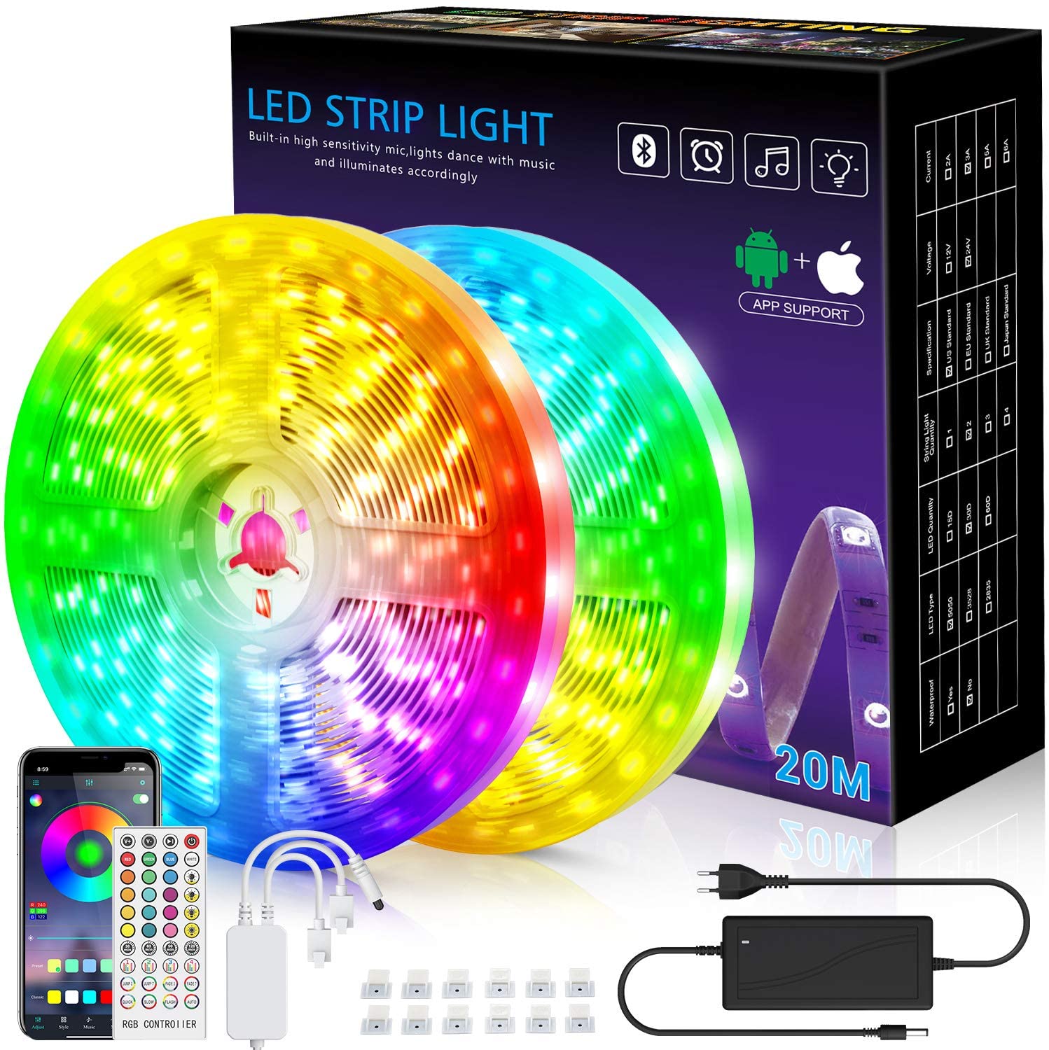 LED Strip Light 20M, Music Sync, Colour Change, Sensitive Built-in  Microphone, App-Controlled 5050 RGB LED Lights